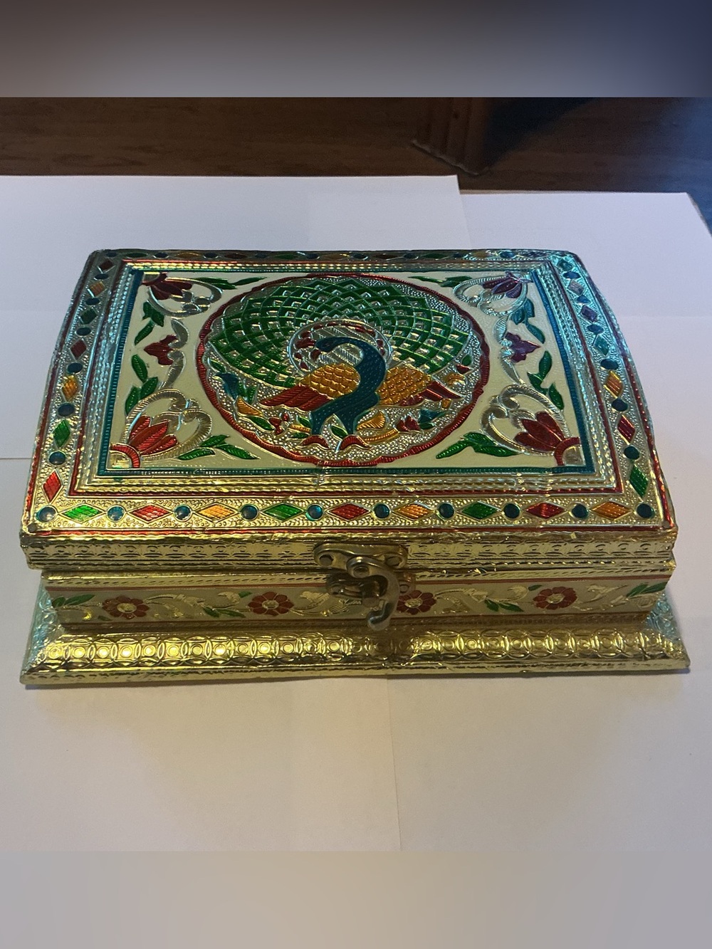 Traditional Indian Meenakari Style Decorative Box, 9” by 7” by 2.5”